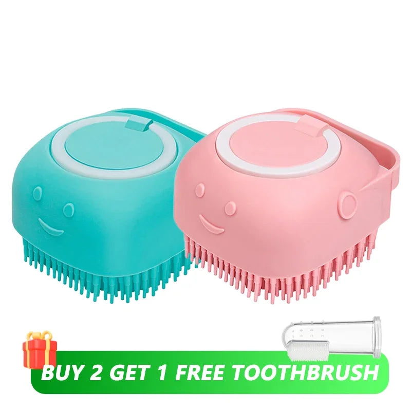 2-in-1 Dog & Cat Bathing Brush – Soft Silicone Massage Brush with Shampoo Dispenser