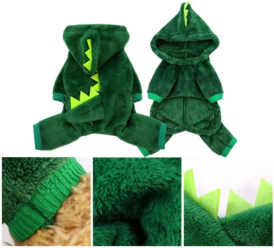 Halloween Dog & Cat Costume – Funny Dinosaur Cosplay Fleece Hoodie for Small Dogs and Cats, Warm Winter Sweater