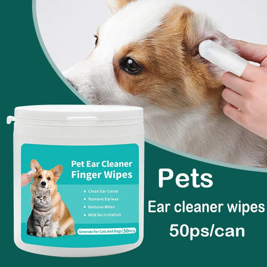 50 PCS Pet Ear Cleaning Wipes – Gentle Ear Care for Cats & Dogs | Fingertip Wipes for Mite & Wax Removal