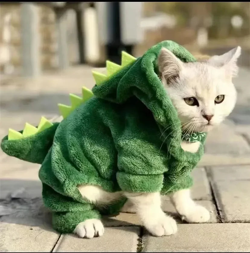 Halloween Dog & Cat Costume – Funny Dinosaur Cosplay Fleece Hoodie for Small Dogs and Cats, Warm Winter Sweater